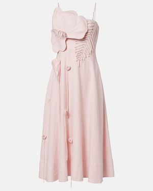 FARM Rio Floral-Applique Linen-Blend Midi Dress - Pink
