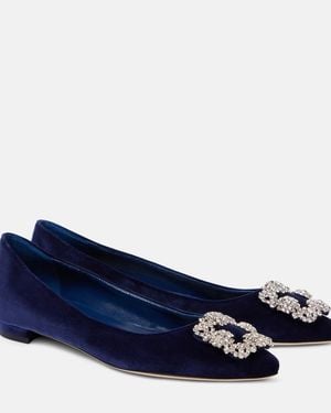 Manolo Blahnik Hangisi Embellished Velvet Ballet Flats - Blue