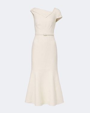 Roland Mouret Belted Asymmetric Boucle Cocktail Dress - Natural