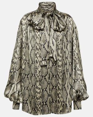 Balmain Snake-Print Tie-Detail Silk Blouse - Gray