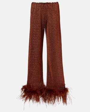 Oséree Lumiere Plumage Feather-Trimmed Straight Trousers - Red