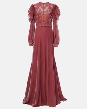 Costarellos Ashley Lace-Trimmed Velvet Gown - Red