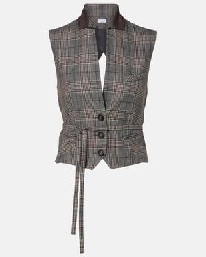 Brunello Cucinelli Belted Checked Virgin Wool Vest - Grey