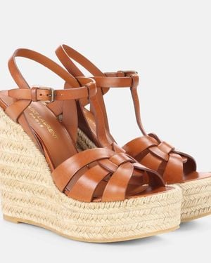 Saint Laurent Tribute Leather Espadrille Wedge Sandals - Brown