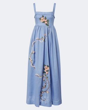 Agua Bendita Barbara Embroidered Linen Maxi Dress - Blue