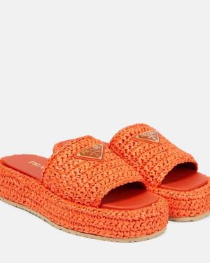Prada Logo Raffia Platform Slides - Orange