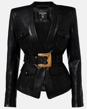 Balmain Belted Leather Jacket - Black