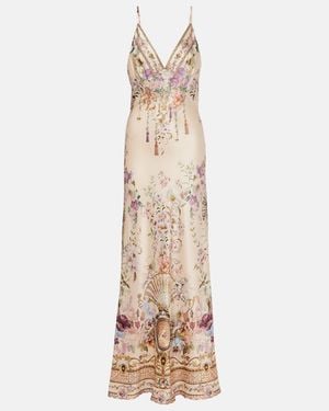 CAMILLA Vestido Lencero De Seda Floral Adornado - Neutro