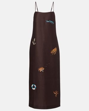 ALÉMAIS Embellished Printed Linen-Blend Maxi Dress - Brown