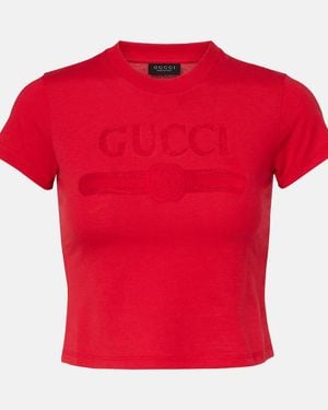 Gucci Logo Cropped Cotton-Blend Jersey T-Shirt - Red
