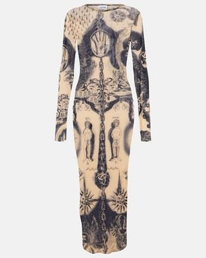 Jean Paul Gaultier Tattoo Print Long Sleeve Midi Dress - Natural