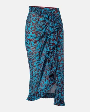 Dries Van Noten Printed Draped Ruffled Midi Skirt - Blue