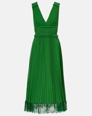 Self-Portrait Lace-Trimmed Plisse Chiffon Midi Dress - Green