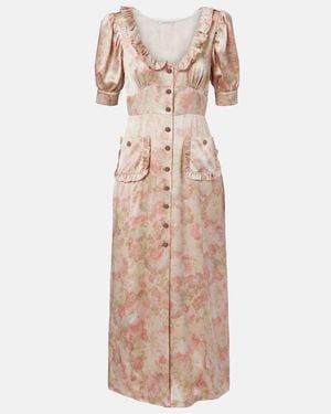 Alessandra Rich Floral Silk Satin Midi Dress - Natural