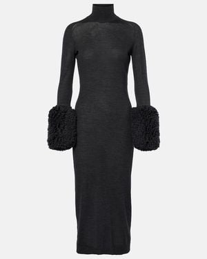 Alaïa Faux Shearling-Trimmed Wool Dress - Black