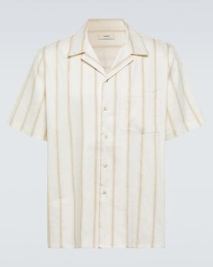 Commas Striped Linen-Blend Bowling Shirt - White