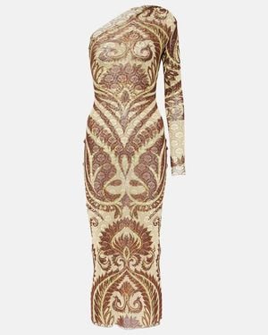 Etro One-Shoulder Printed Midi Dress - Metallic