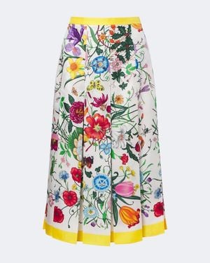 Gucci Flora Pleated Silk Midi Skirt - White