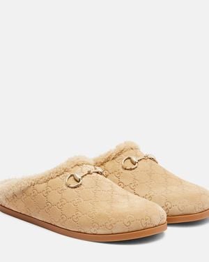 Gucci Horsebit Gg Shearling-Trimmed Suede Mules - Natural