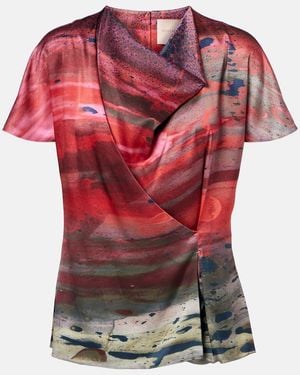 ROKSANDA Printed Draped Silk Satin Top - Red