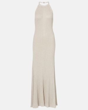 Tom Ford Ribbed-Knit Halterneck Lame Maxi Dress - White