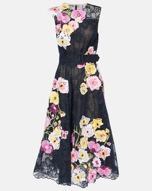 Oscar de la Renta Orchid Embroidered Lace Cocktail Dress - Blue