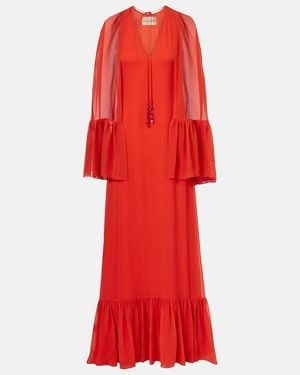 Valentino Caped Silk Georgette Maxi Dress - Red