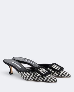 Manolo Blahnik Maysalebi Houndstooth Suede-Trimmed Mules - Black