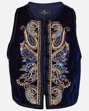 Etro Embroidered Embellished Velvet Vest - Blau
