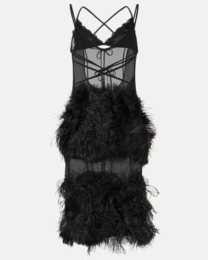 The Attico Sheer Feather-Trimmed Midi Dress - Black