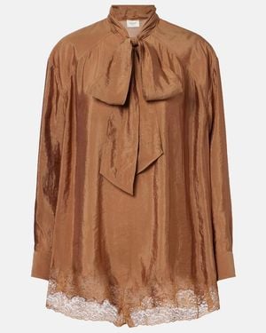 Saint Laurent Lace-Trimmed Tie-Neck Romper - Brown