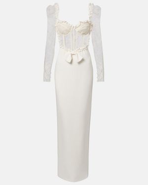 Alessandra Rich Bow-Detail Lace-Trimmed Cady Gown - White