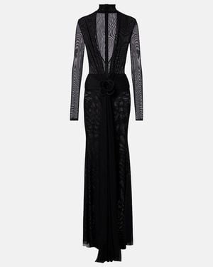David Koma Floral-Applique Mesh Gown - Black