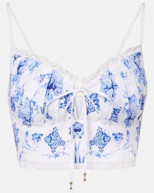 CAMILLA Printed Lace-Trimmed Linen Bra Top - Blue