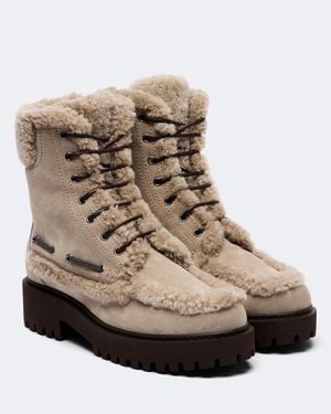 Brunello Cucinelli Monili Shearing-Lined Suede Lace-Up Boots - Natural