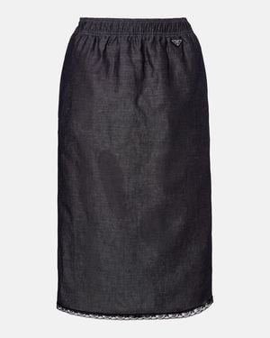 Prada Lace-Trimmed Cotton And Linen Midi Skirt - Black