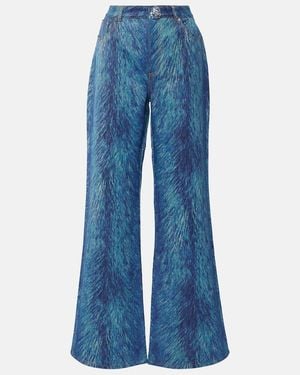 Area Embellished Fur-Print Flared Jeans - Blue