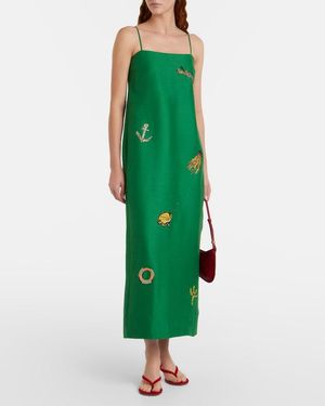 ALMAIS Marjorelle Embellished Linen-Silk Midi Dress in Gray | Lyst