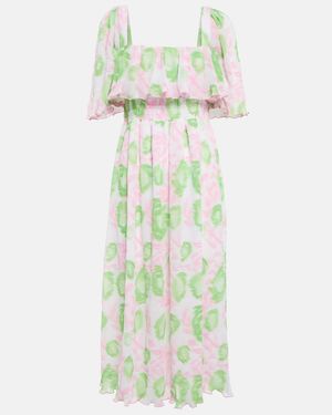 Ganni Floral Pleated Georgette Midi Dress - Green