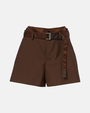 Sacai Belted Satin-Trimmed Shorts - Brown