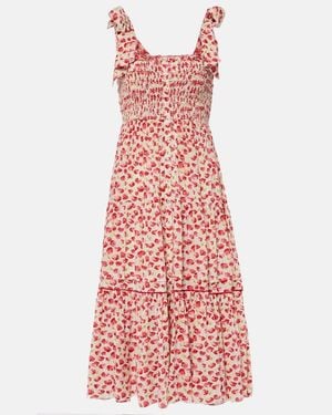Poupette Triny Polka-Dot Shirred Midi Dress