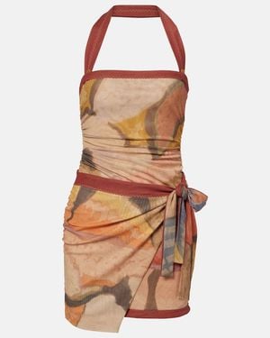 SIR. Printed Halterneck Mesh Minidress - Brown