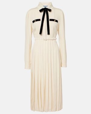 Prada Tie-Neck Pleated Belted Shirt Dress - Natural
