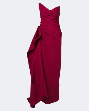 Monique Lhuillier Asymmetric Draped Silk Bustier Gown - Red