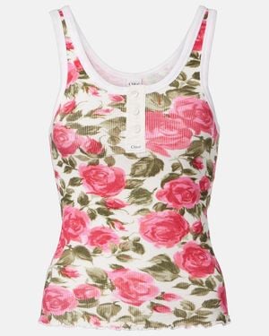 Chloé Floral Ribbed Cotton-Blend Tank Top - Pink