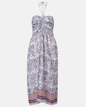 Velvet Floral Ruched Cotton Midi Dress - Purple