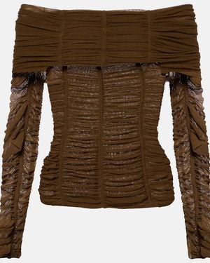 The Attico Ruched Off-Shoulder Jersey Top - Brown