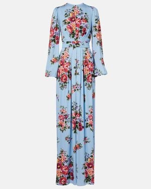 Dolce & Gabbana Flower Bouquet-Print Charmeuse Dress - Blue