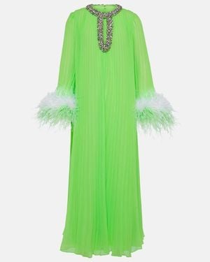 Self-Portrait Pleated Feather-Trimmed Chiffon Gown - Green