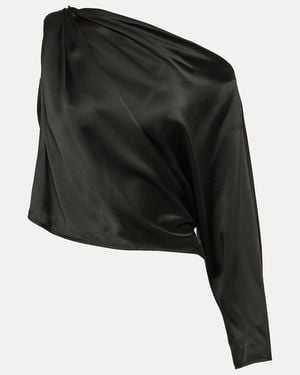 The Sei Draped One-Shoulder Silk Satin Top - Black